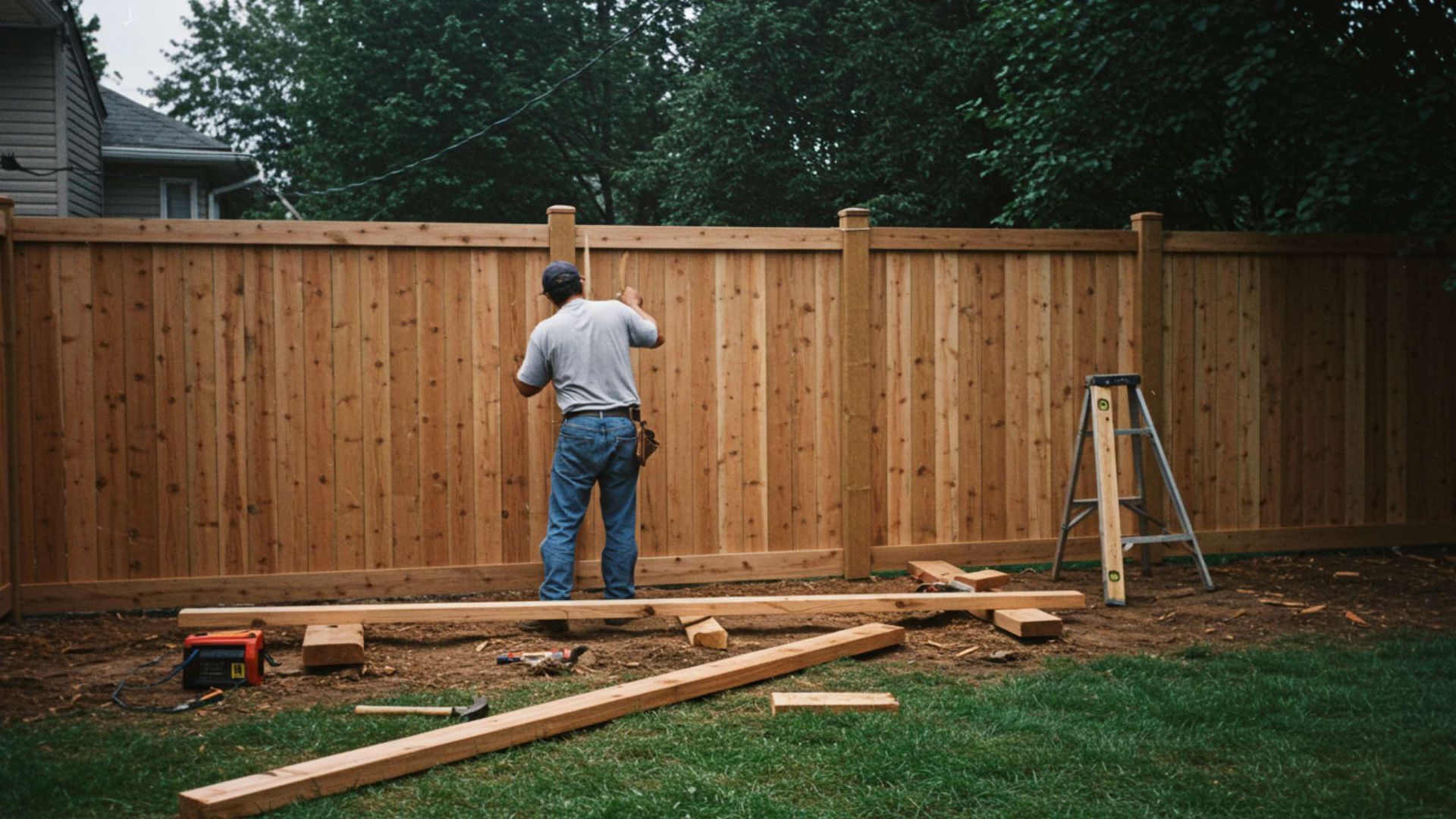 Man building a wooden fence in a backyard, surrounded by tools and materials.