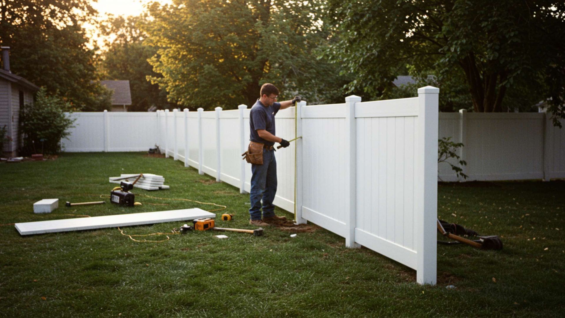 Man builds a white vinyl fence in a backyard.