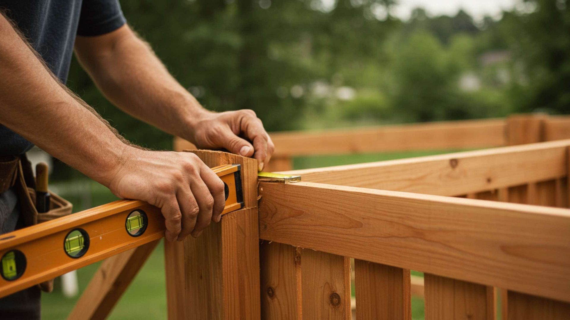 Person using a level to build a wooden structure outdoors.