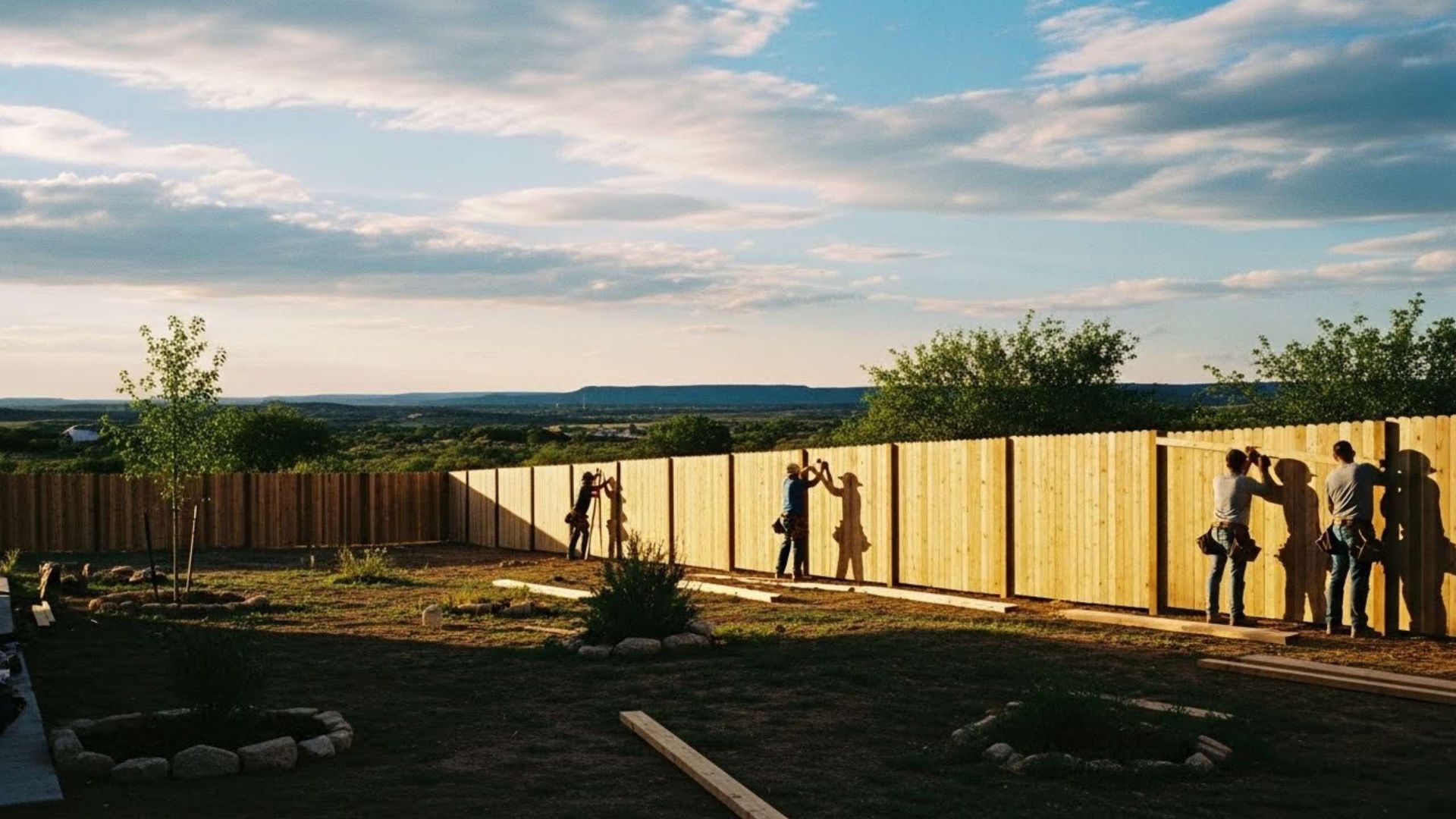 Men building a wooden fence in a yard under a partly cloudy sky.