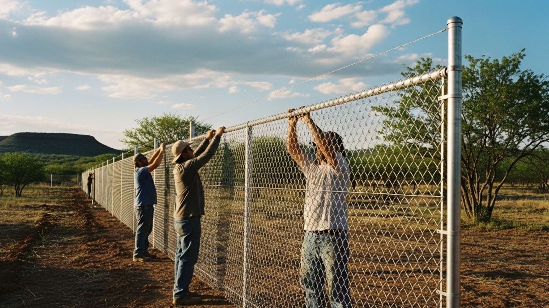 Three people installing chain-link fence in a rural area.
