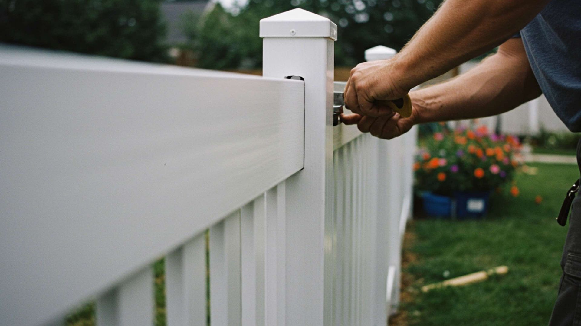 Person installing white fence. Green grass, flowers, and a building in the background.