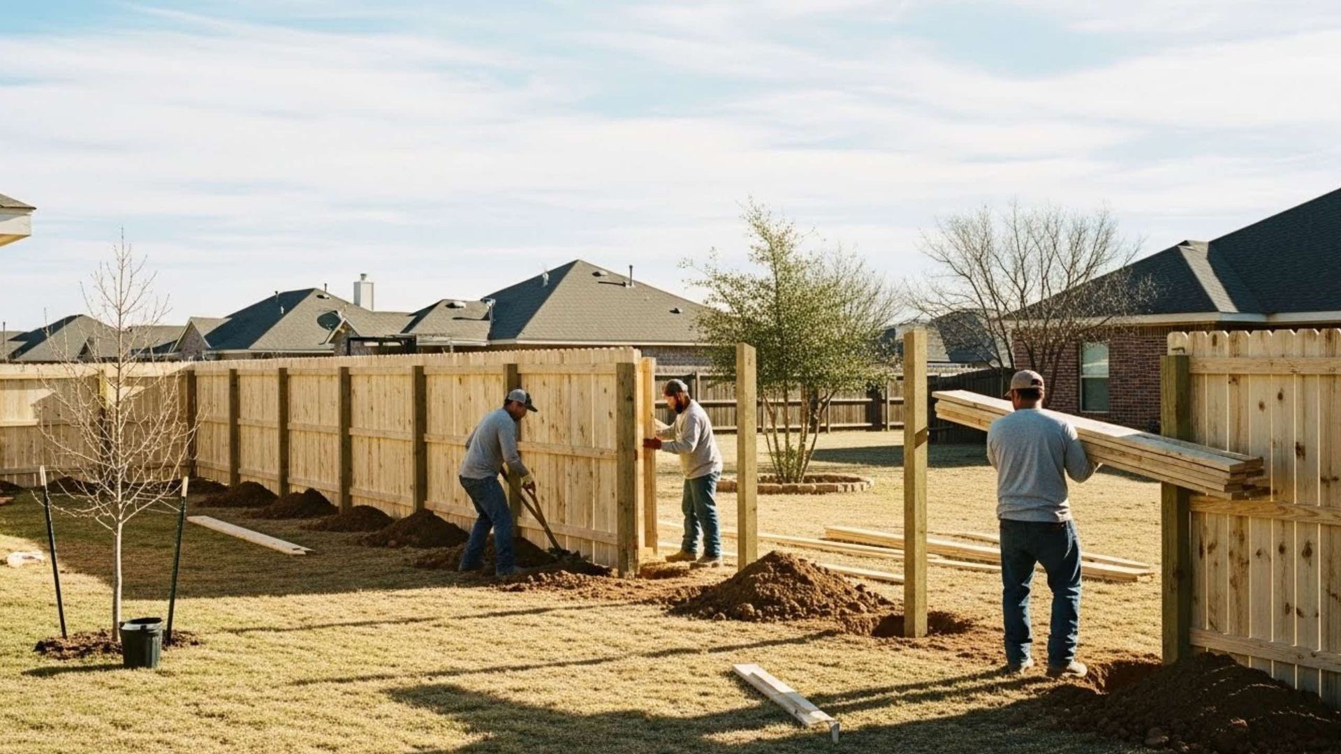 Three people constructing a wooden fence in a residential backyard on a sunny day.
