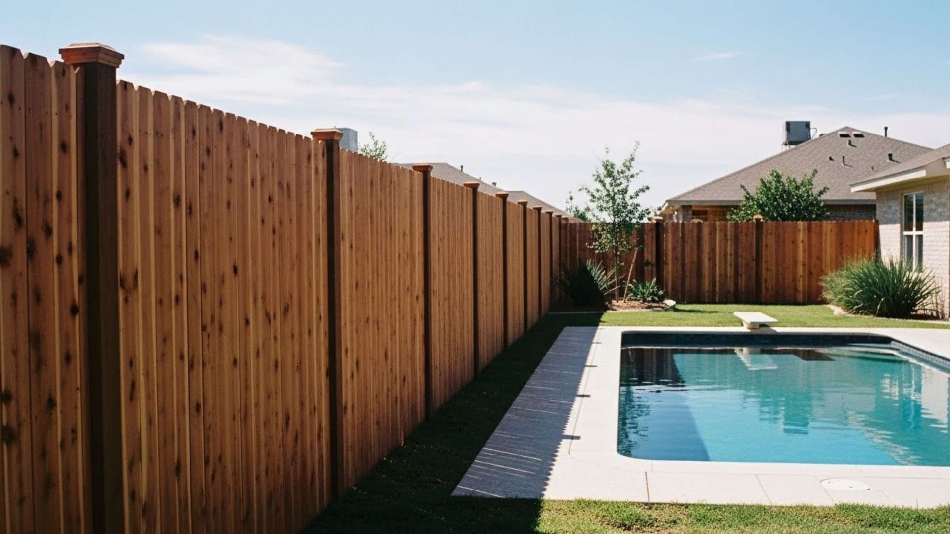 Wooden fence along a pool in a backyard, sunny day.