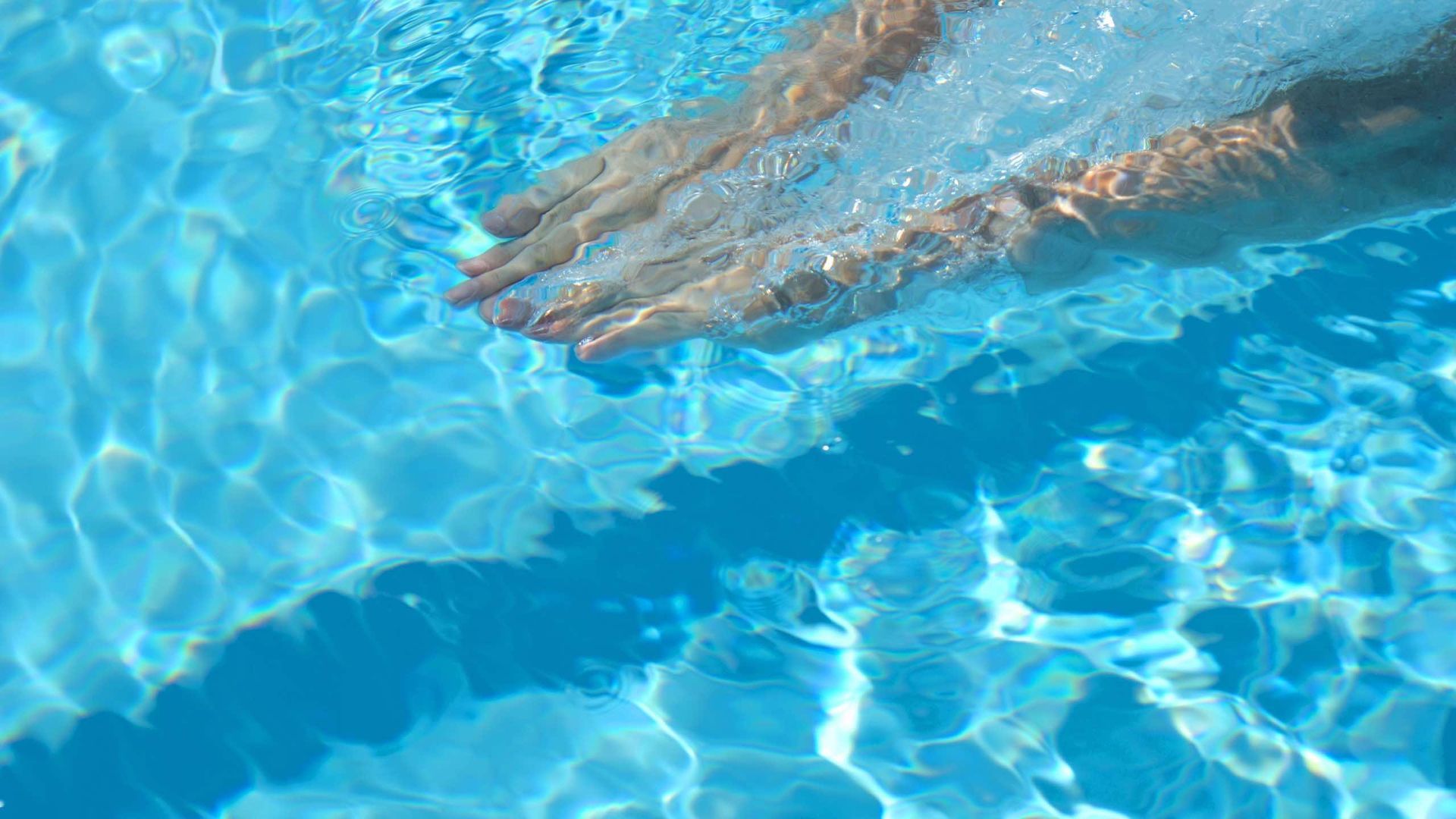 A person is swimming in a swimming pool with their hands in the water.