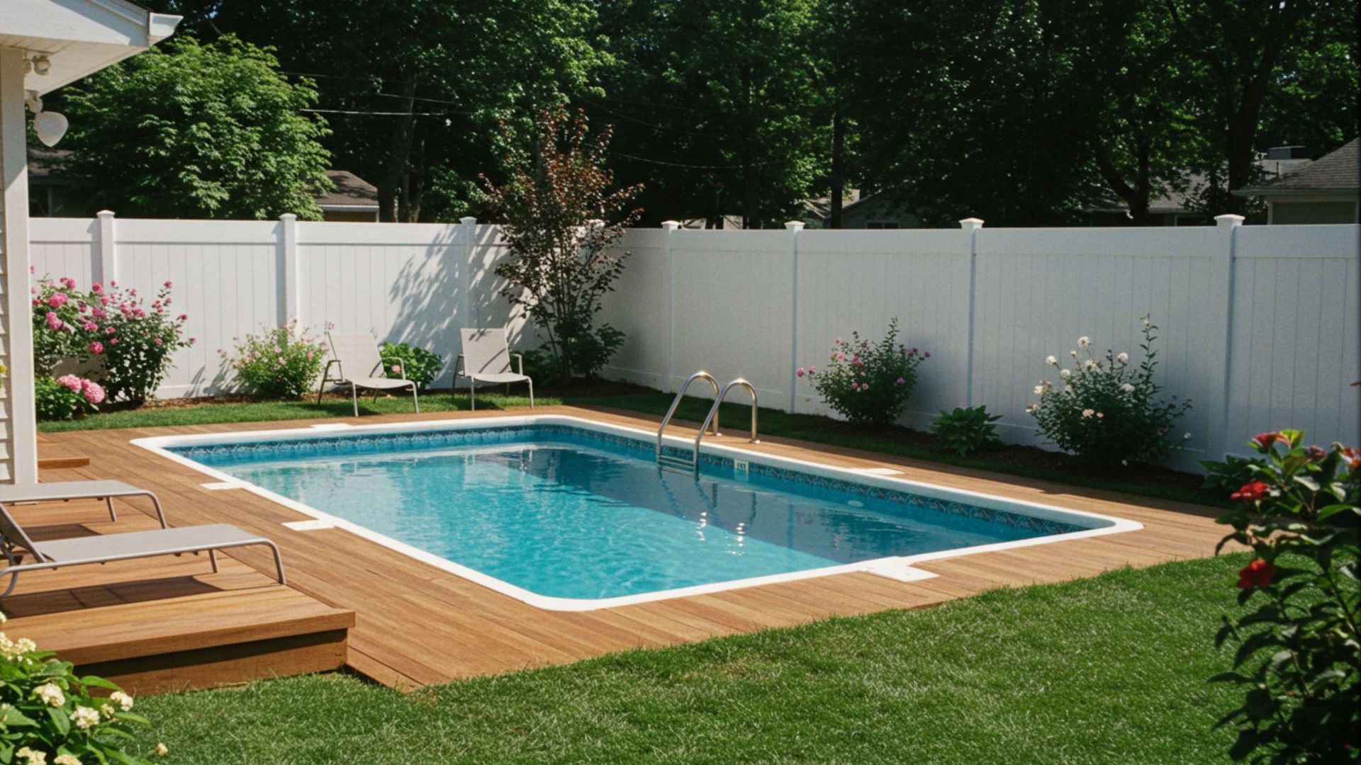 Rectangular in-ground pool in a backyard with a wooden deck, white fence, and green grass.