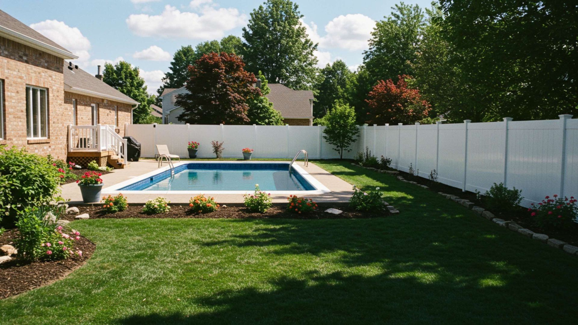 Backyard with rectangular pool, white fence, green lawn, and trees under a sunny sky.