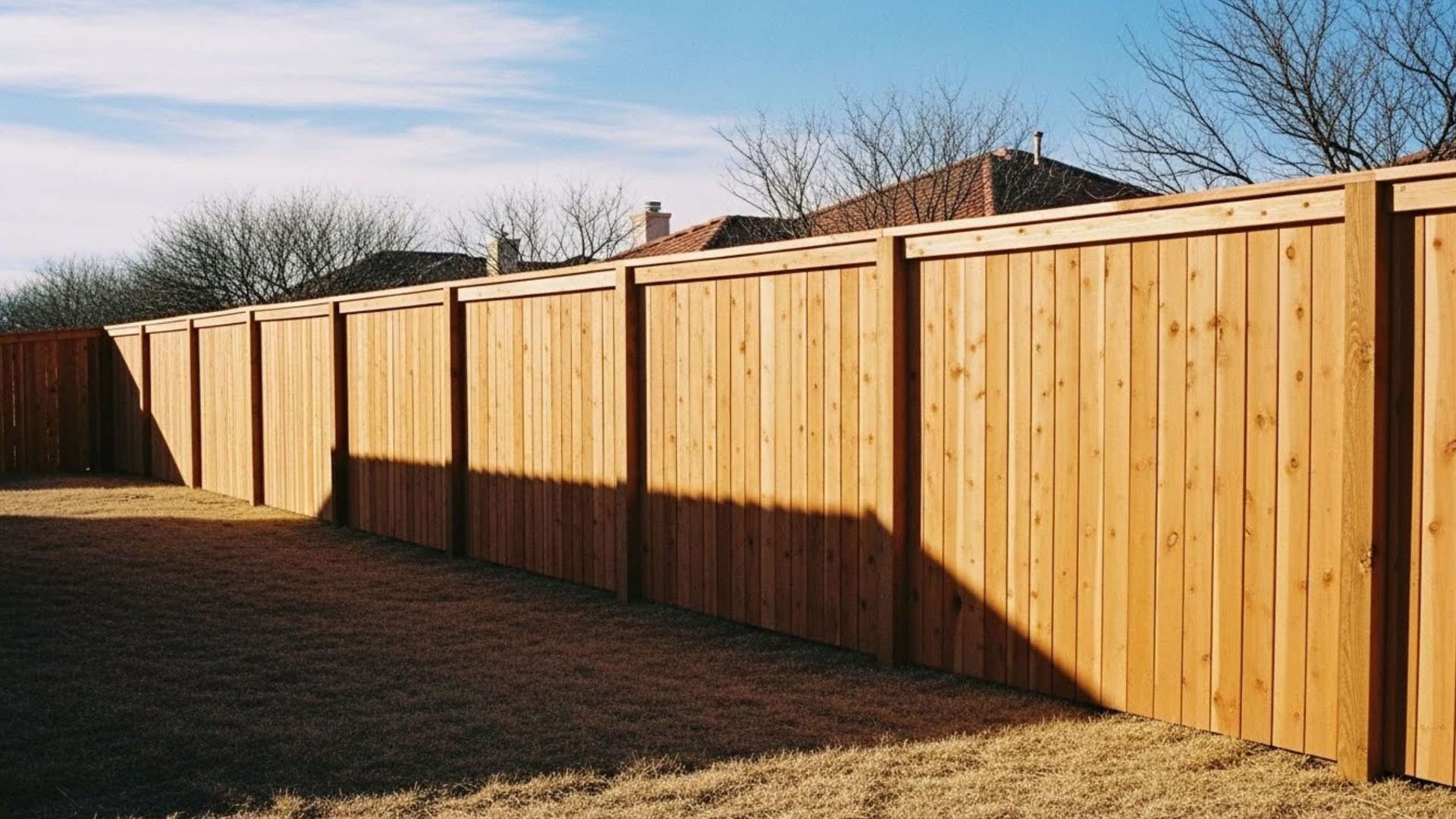 Wooden privacy fence in a yard, under a blue sky, casting a shadow.
