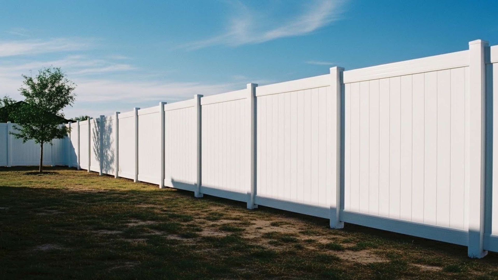White vinyl fence in a grassy yard under a blue sky.