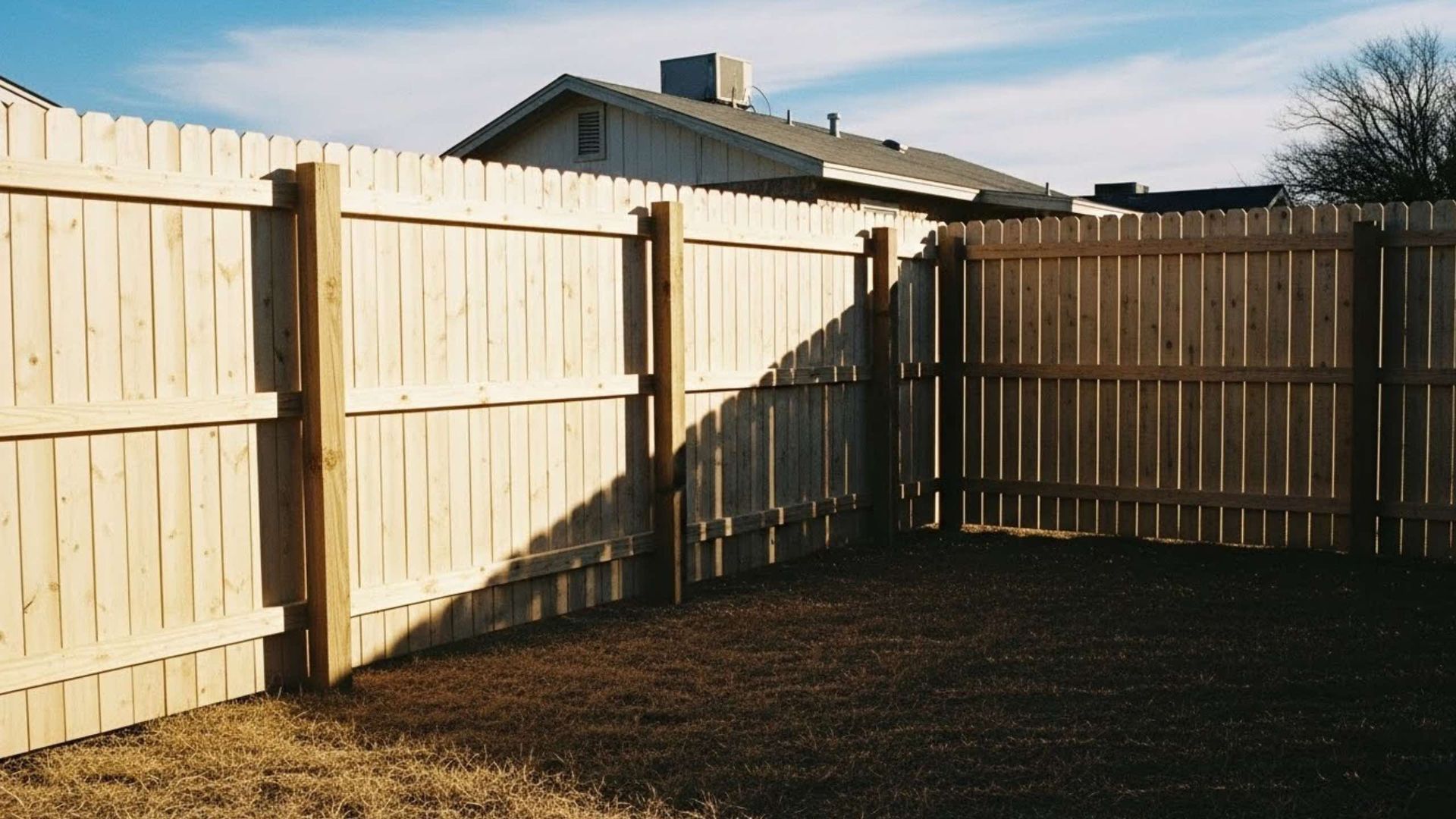 Wooden fence enclosing a brown, grassy yard; a house visible in the background against a blue sky.