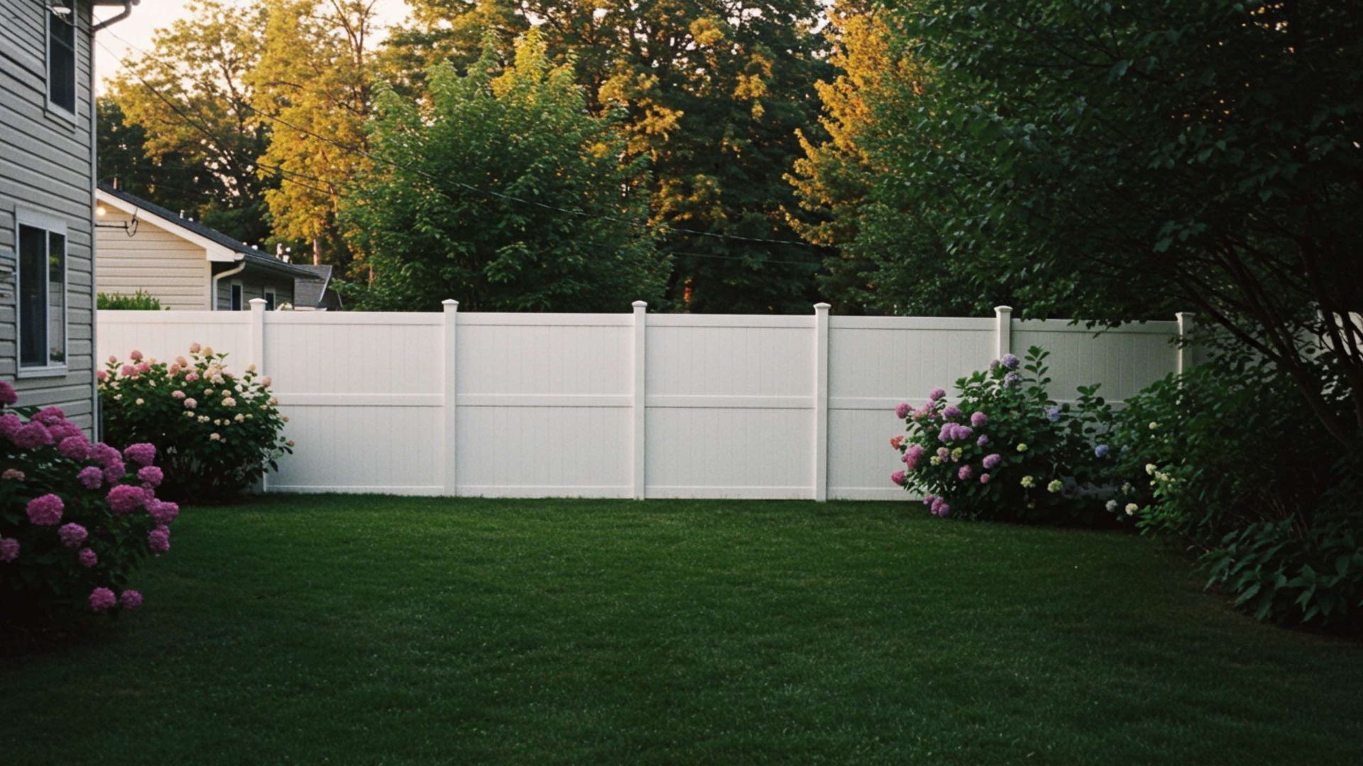 White fence encloses a green backyard, with flowering bushes and trees in the background.