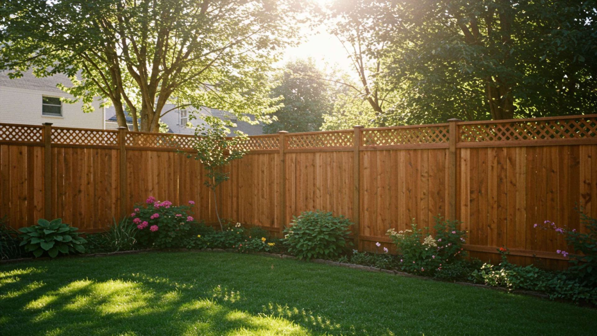A wooden fence borders a grassy backyard with trees and flowers, sunlight shining through.