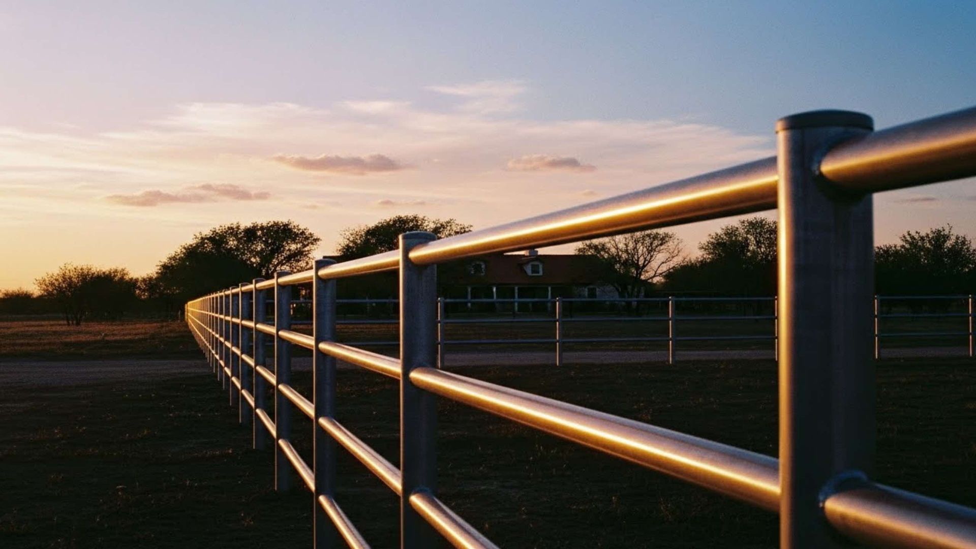 A shiny metal fence extends into the distance at sunset with a house in the background.