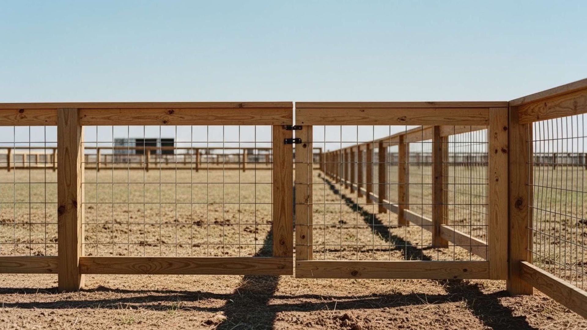 Wooden gate open to a fenced-in field. Brown fence with vertical bars, under a clear sky.