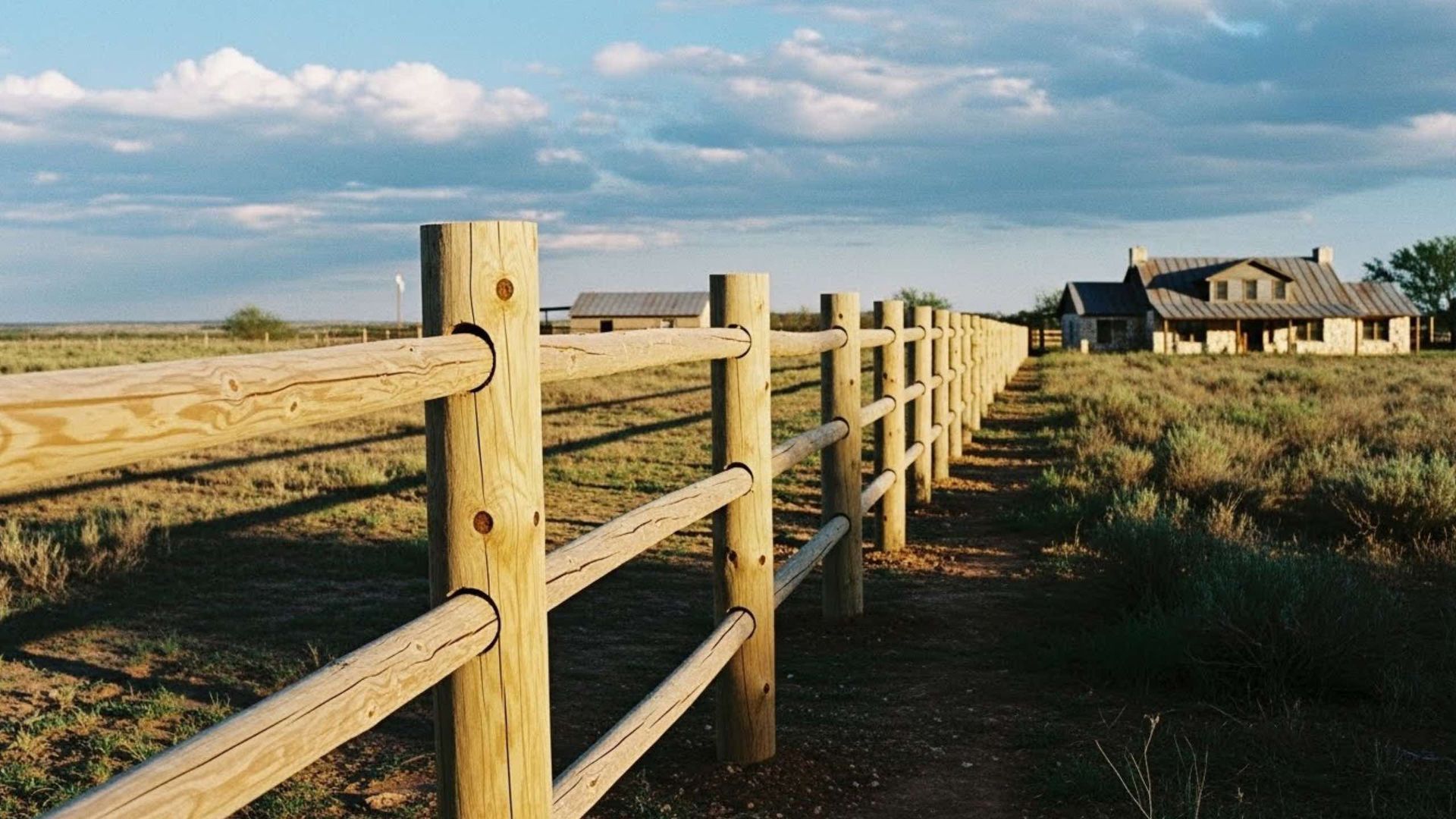 Wooden fence leads to a house under a cloudy sky in a rural landscape.