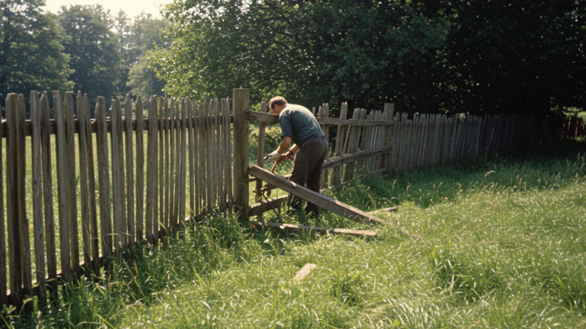 Man repairing a wooden fence in a grassy field, sunny day.