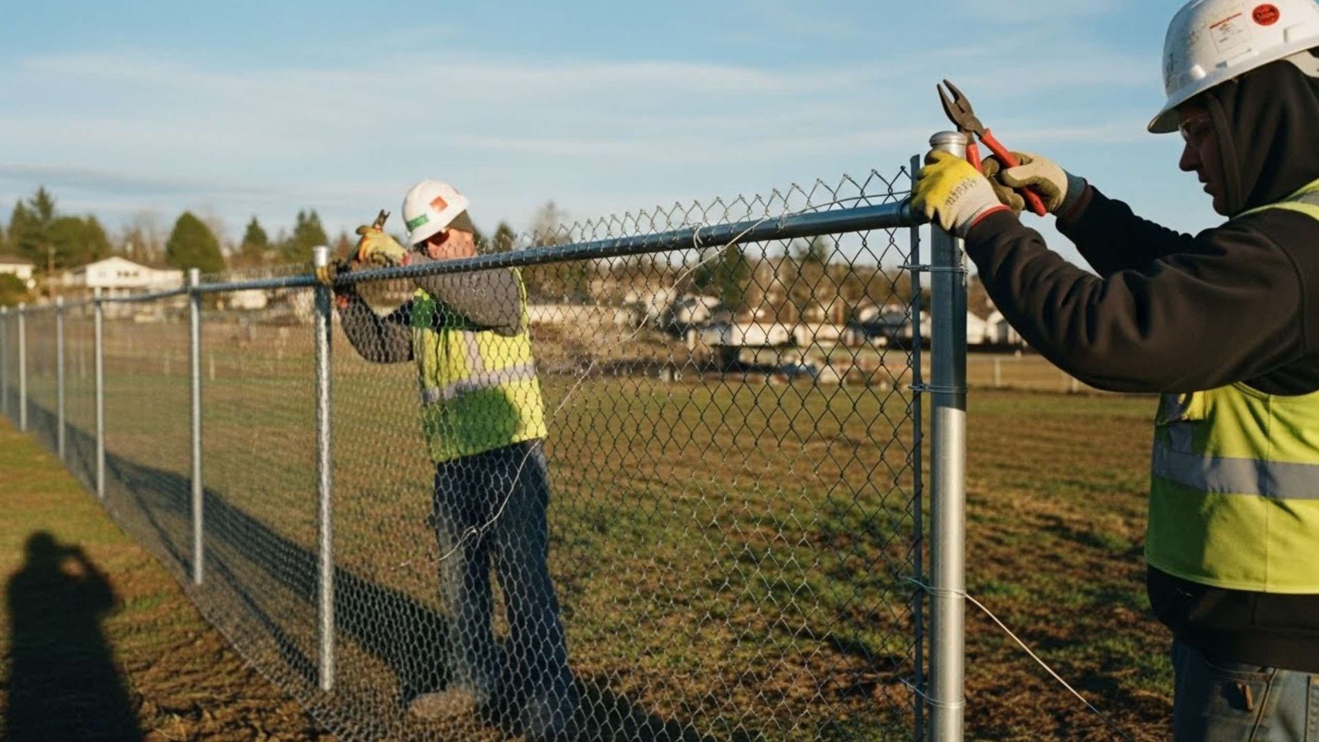 Two construction workers install a chain-link fence, one using pliers, wearing safety vests and hard hats, outdoors.