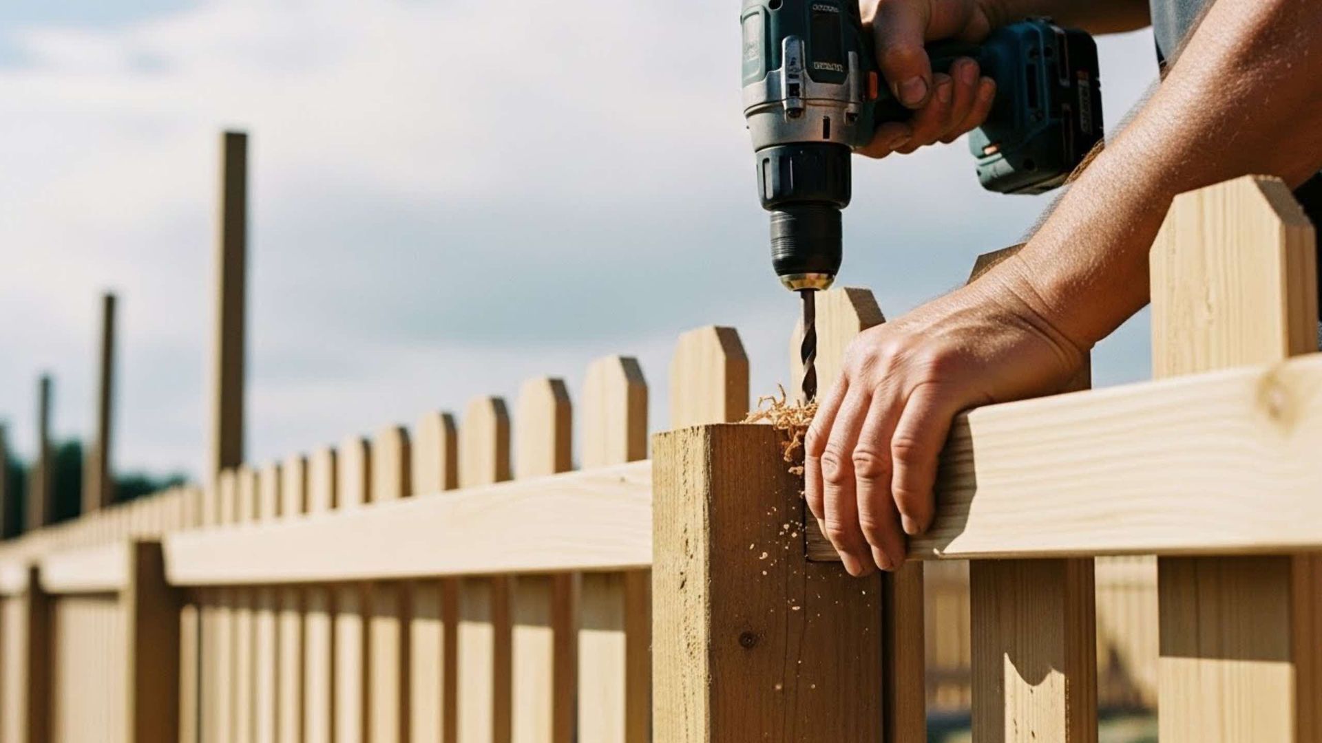 Person using a drill to secure fence panels to a wooden post outdoors.