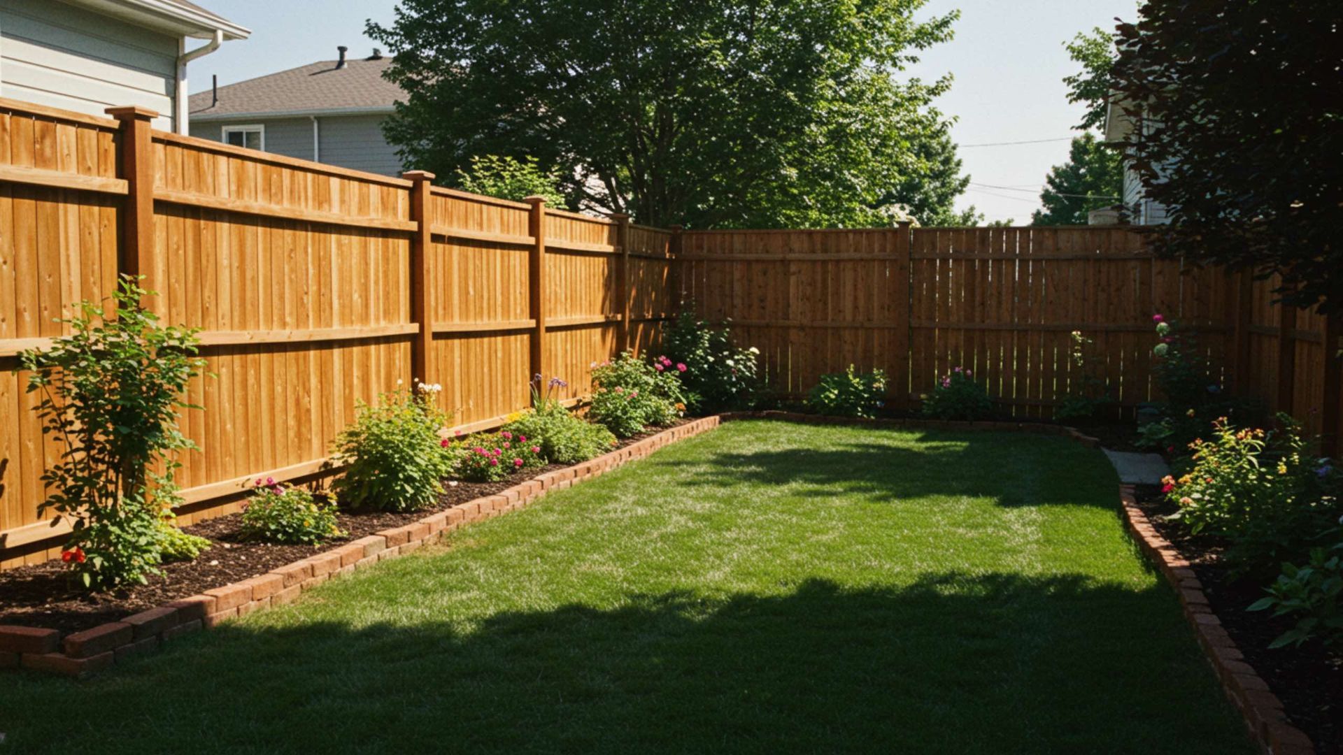 Lawn enclosed by a wooden fence and lined with brick edging and small bushes, with a house in the background.