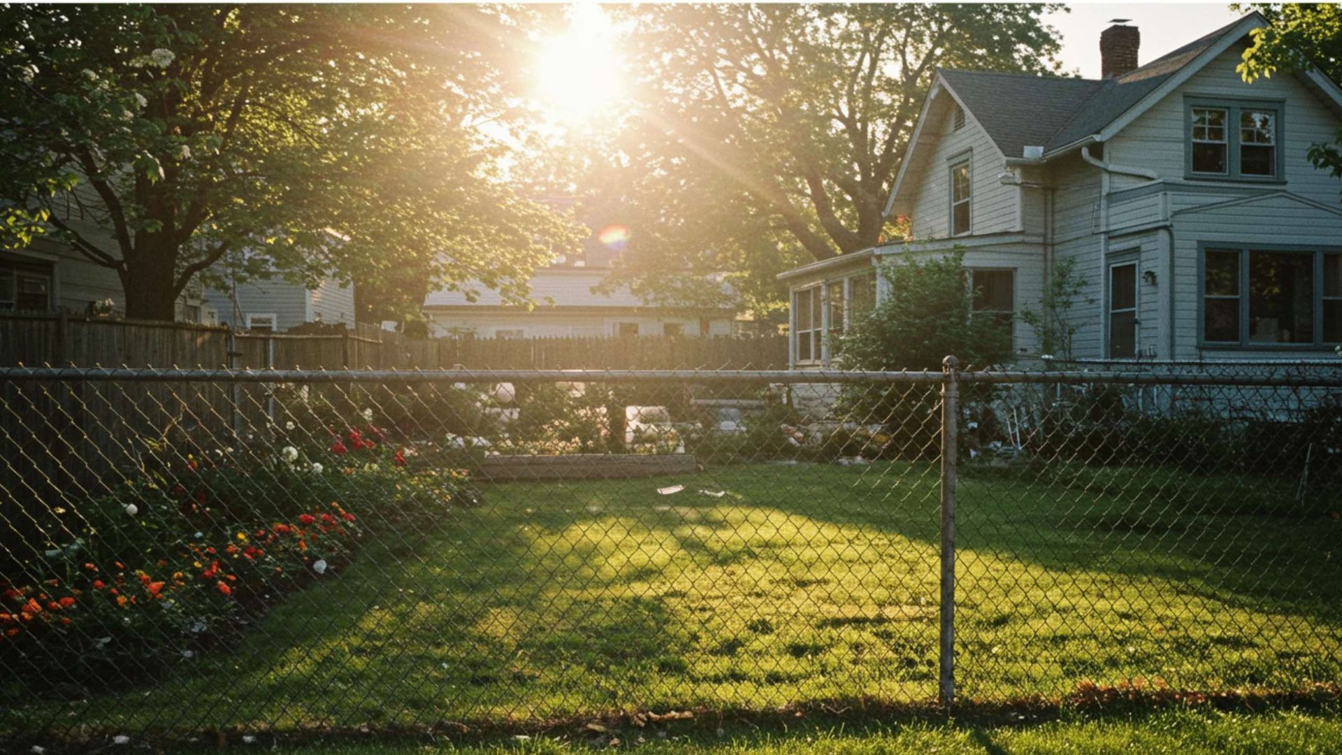 Sunlit backyard with chain-link fence, grass, and a two-story house.