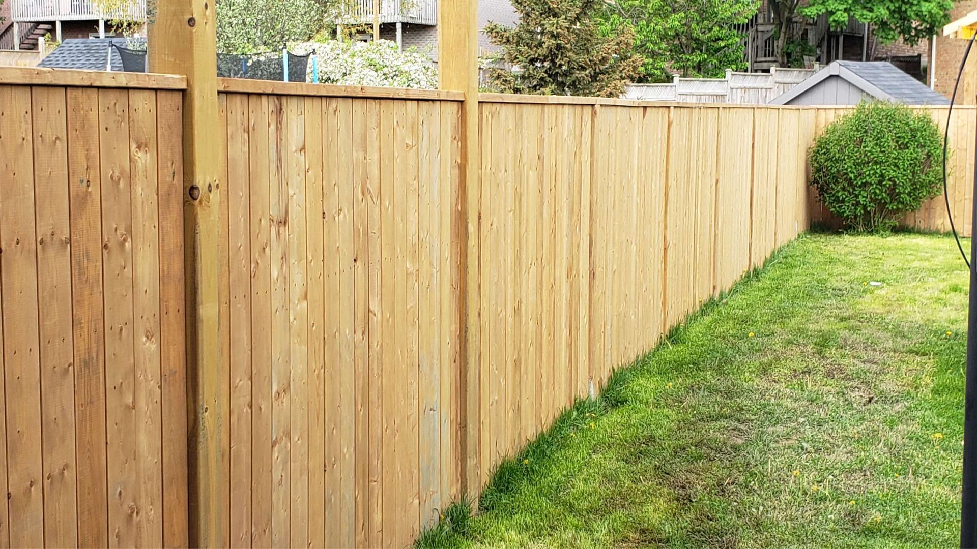 A wooden fence surrounds a lush green yard.