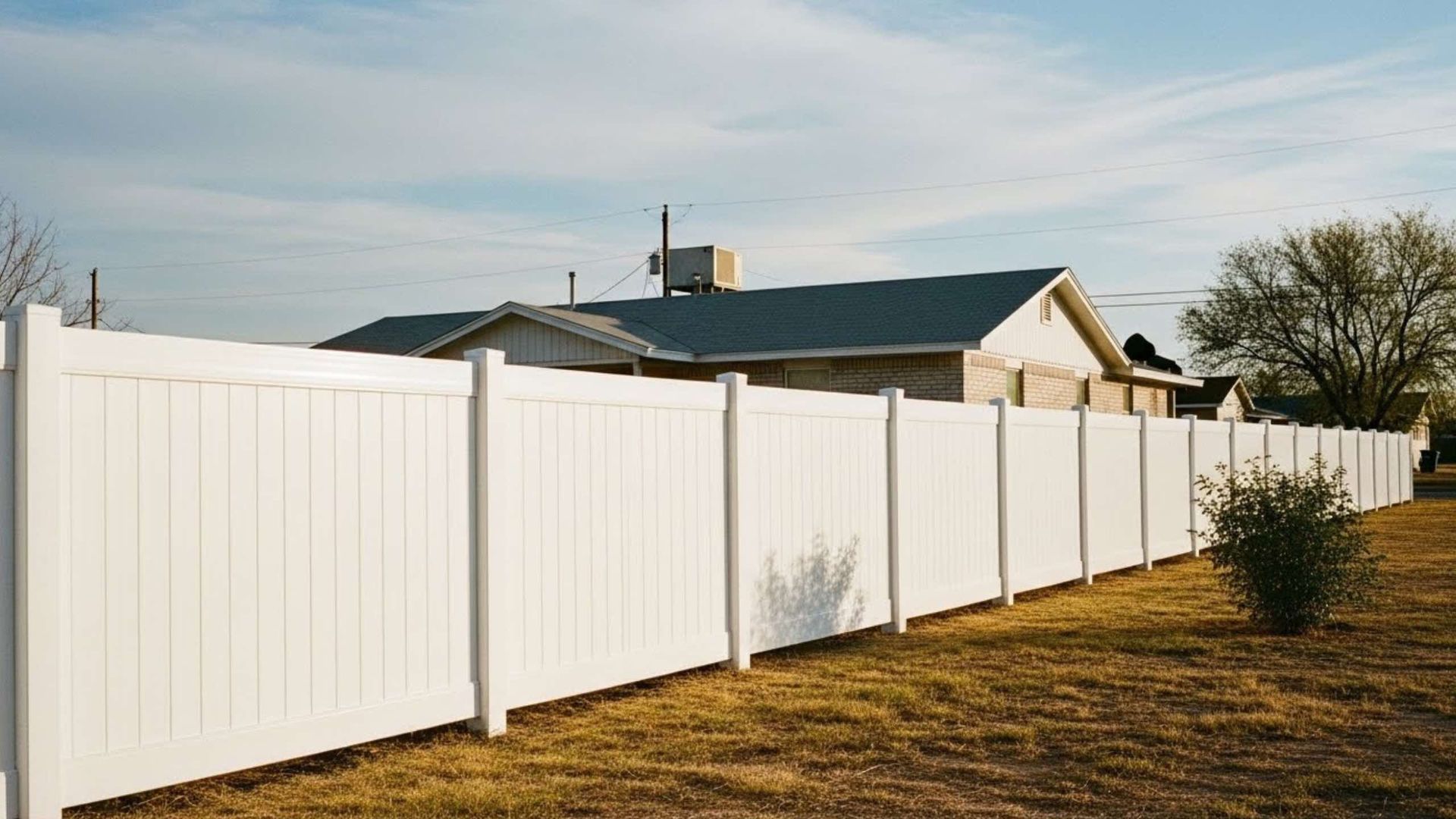 White vinyl fence surrounding a house with a blue roof, under a cloudy sky.