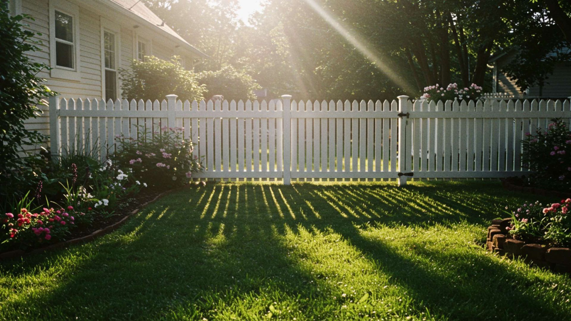 White picket fence in a sunlit yard with cast shadows; flowers and a house in the background.