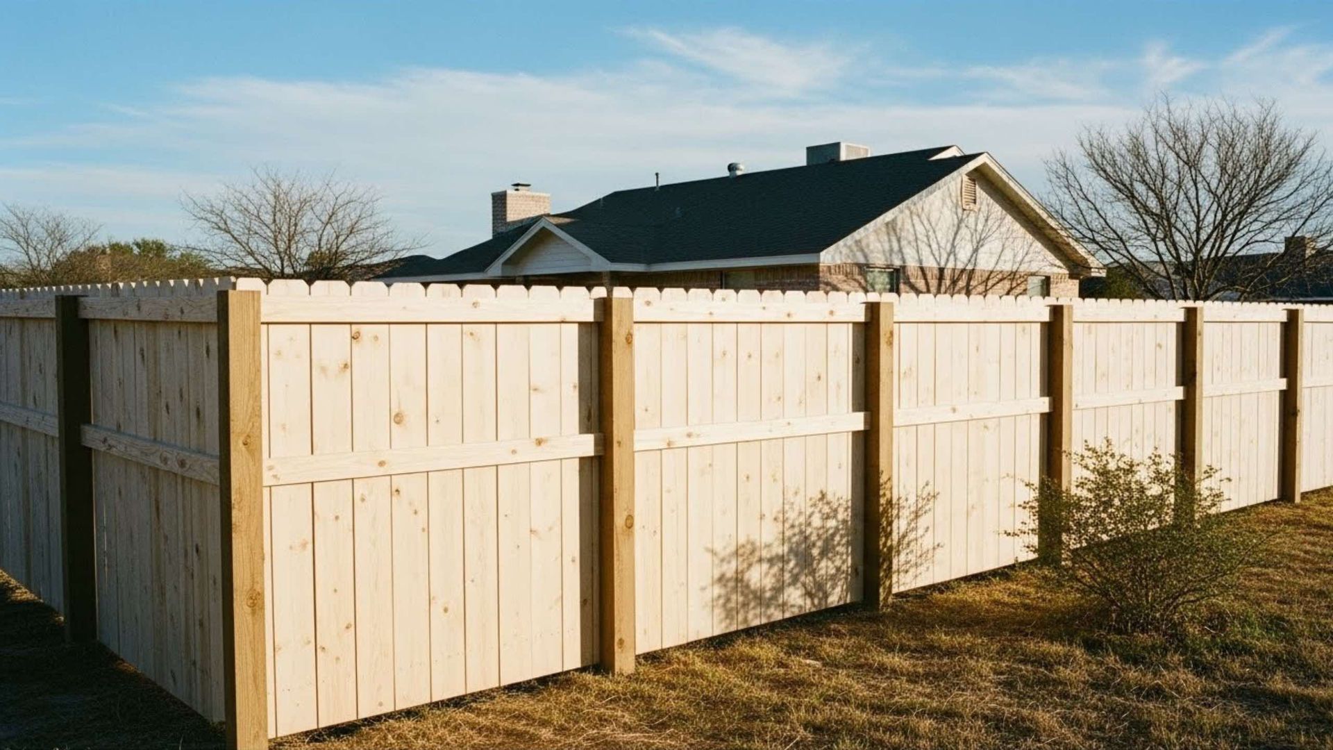Wooden fence surrounding a house with a dark roof under a blue sky.