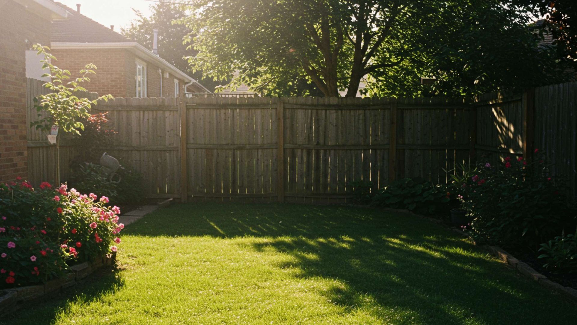 Backyard with wooden fence, green grass, and flowering bushes; sunlight streams through trees.