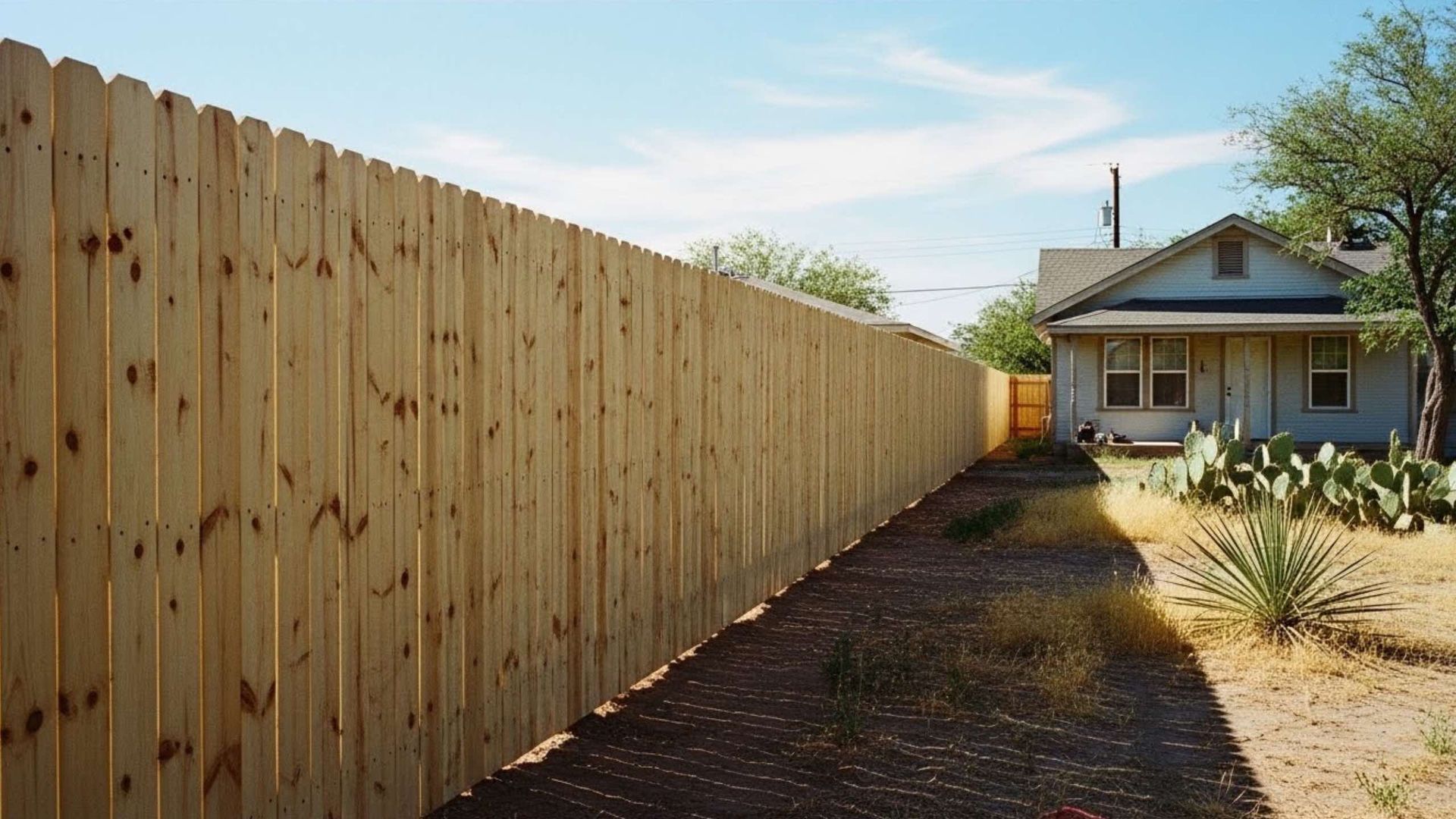 A tall, new wooden fence runs along the side of a yard with a small house and prickly pear cactus in the background.