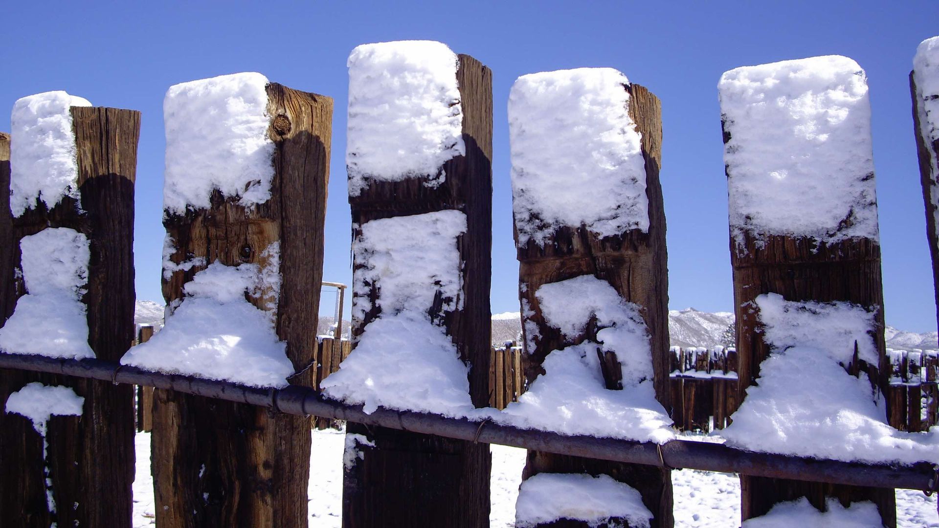 A snowy fence with a blue sky in the background