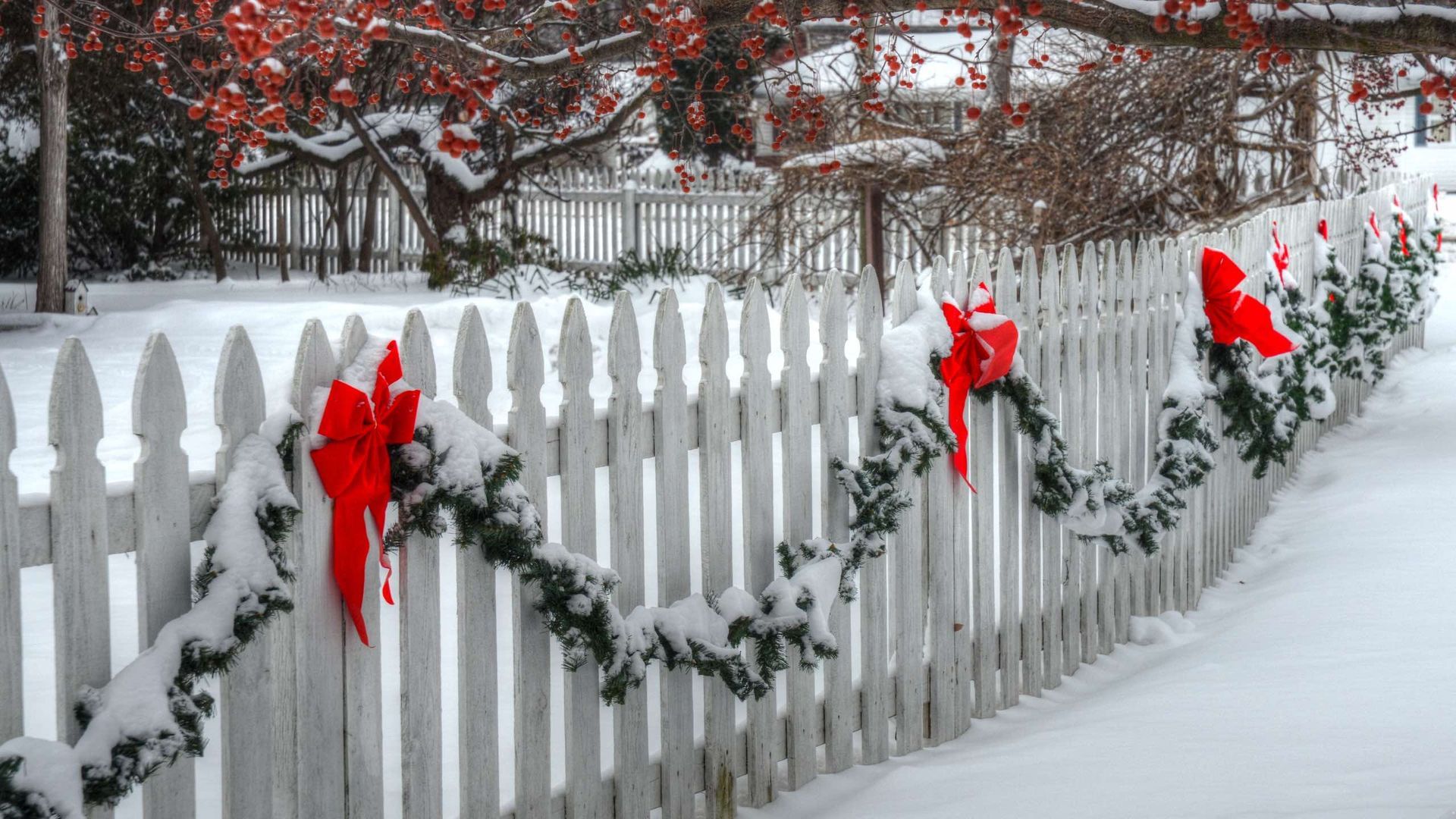 A white picket fence decorated for christmas with red bows and garland.