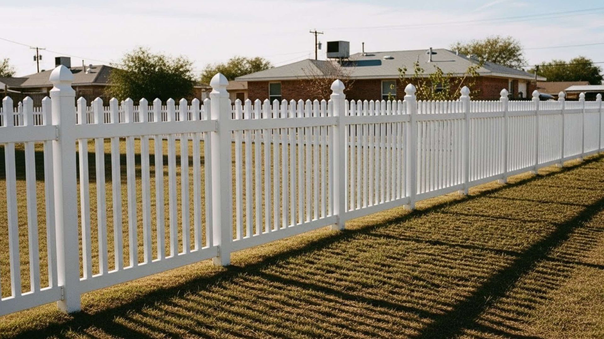 White picket fence bordering a grassy yard, houses in the background under a sunny sky.