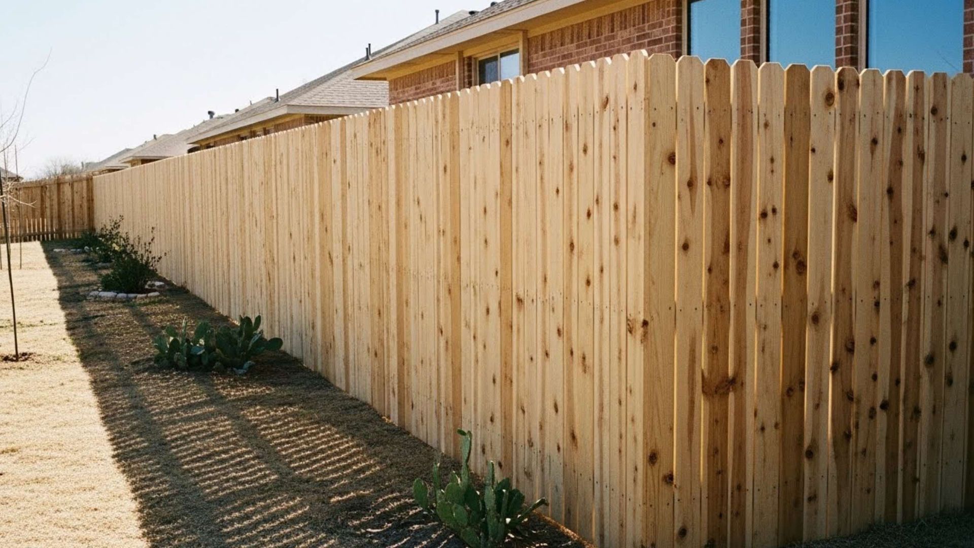 Wooden privacy fence in a residential setting.