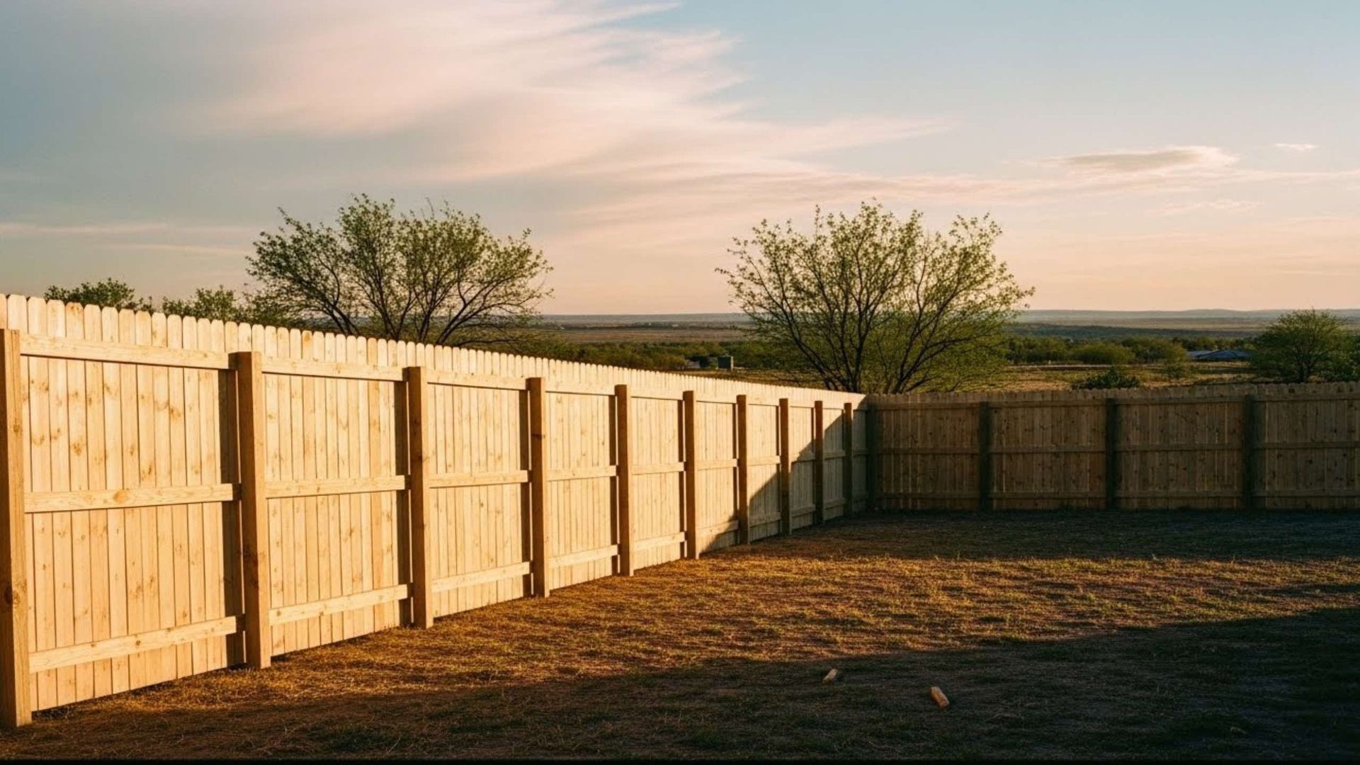 Wooden fence surrounding a dry, grassy yard, with trees and a distant landscape under a partly cloudy sky.