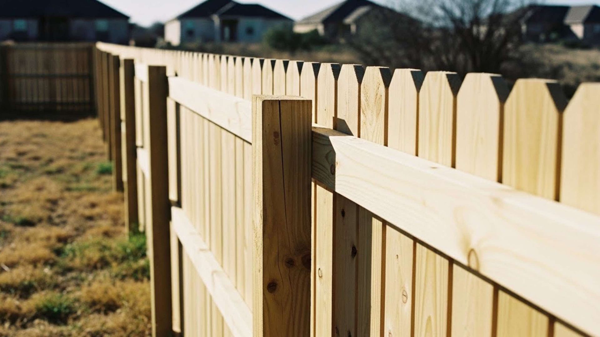 Wooden fence in a yard with pointed top pickets, posts, and horizontal rails; houses in the background.