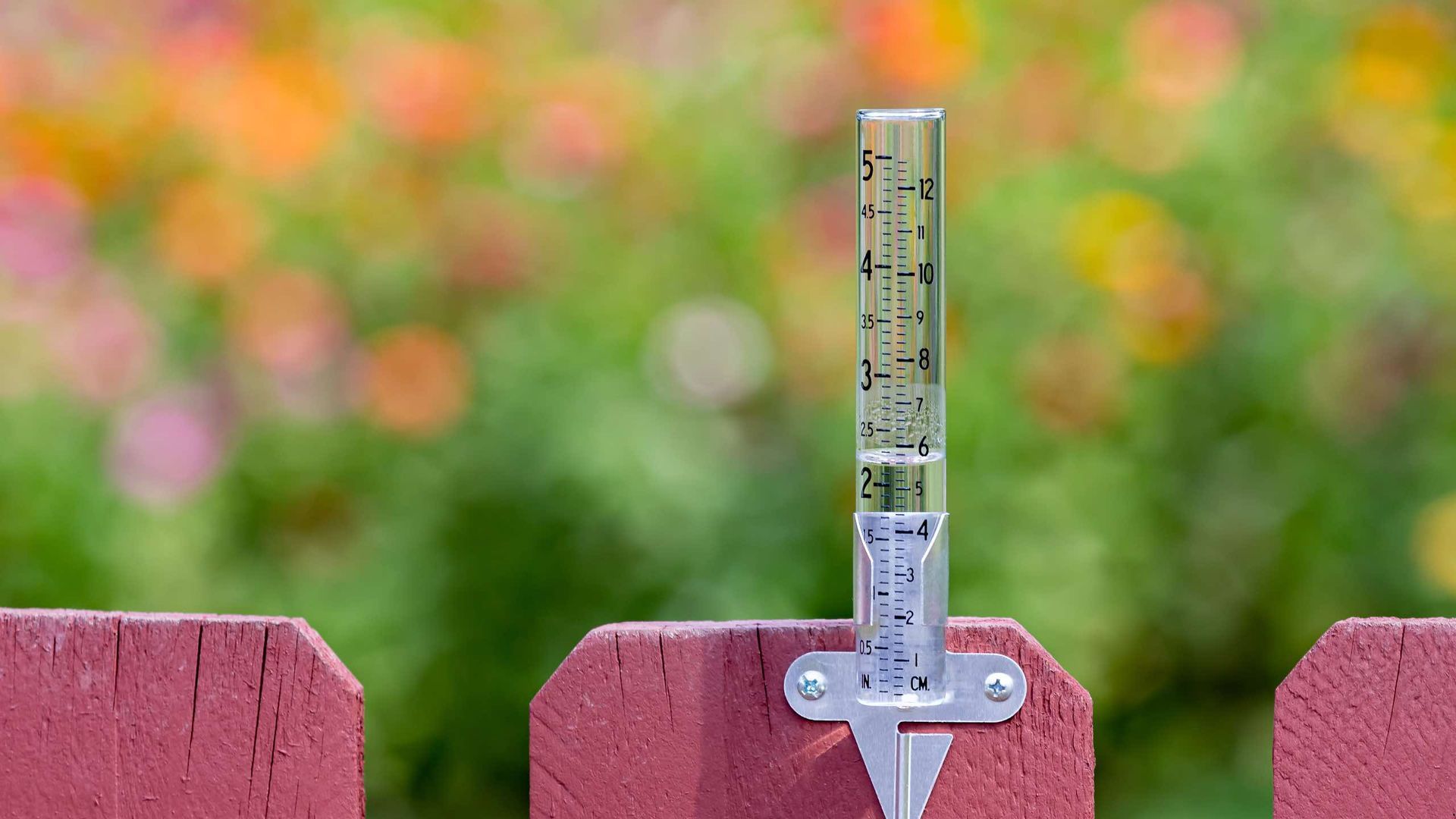 A rain gauge is attached to a red fence with flowers in the background.