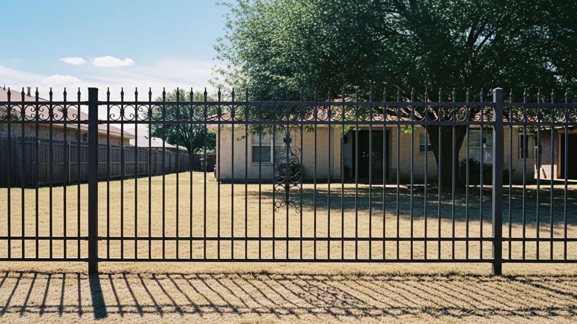 Black wrought iron fence in front of a tan house and yard on a sunny day.