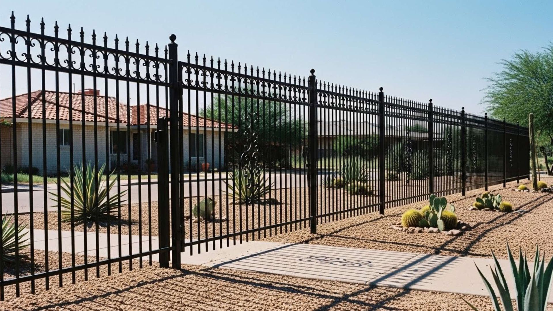 Black wrought iron fence surrounds a house and gravel yard. Sunny day.
