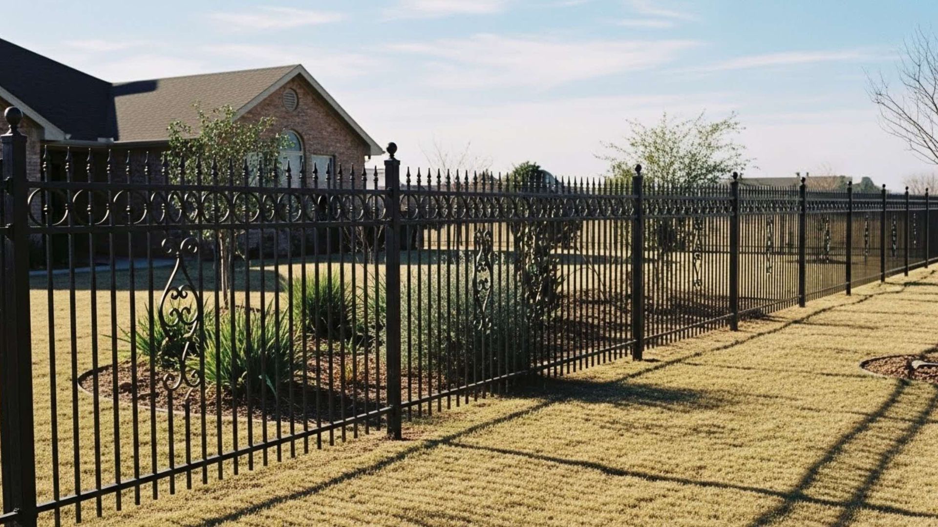A black metal picket fence runs across a residential lawn, with a house visible in the background under a blue sky.