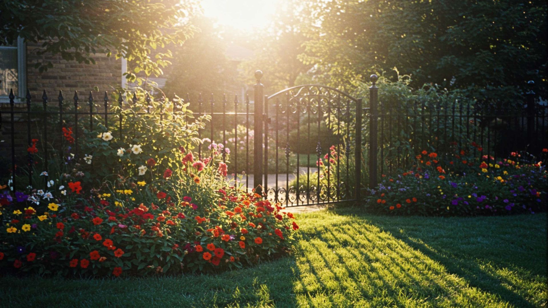 Sunlit garden with gate, red and white flowers, and a grassy path.