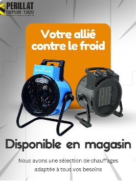 Publicité pour les radiateurs Perillat. Fond orange avec le texte « Votre allié contre le froid », présentant deux radiateurs électriques, disponibles en magasin.