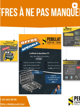 Outils publicitaires dépliants, centrés sur une boîte à outils. Couleurs orange et jaune avec texte.