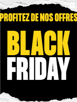 Affiche des soldes du Black Friday avec texte jaune sur fond noir. « Profitez de nos offres » au-dessus de « BLACK FRIDAY ».