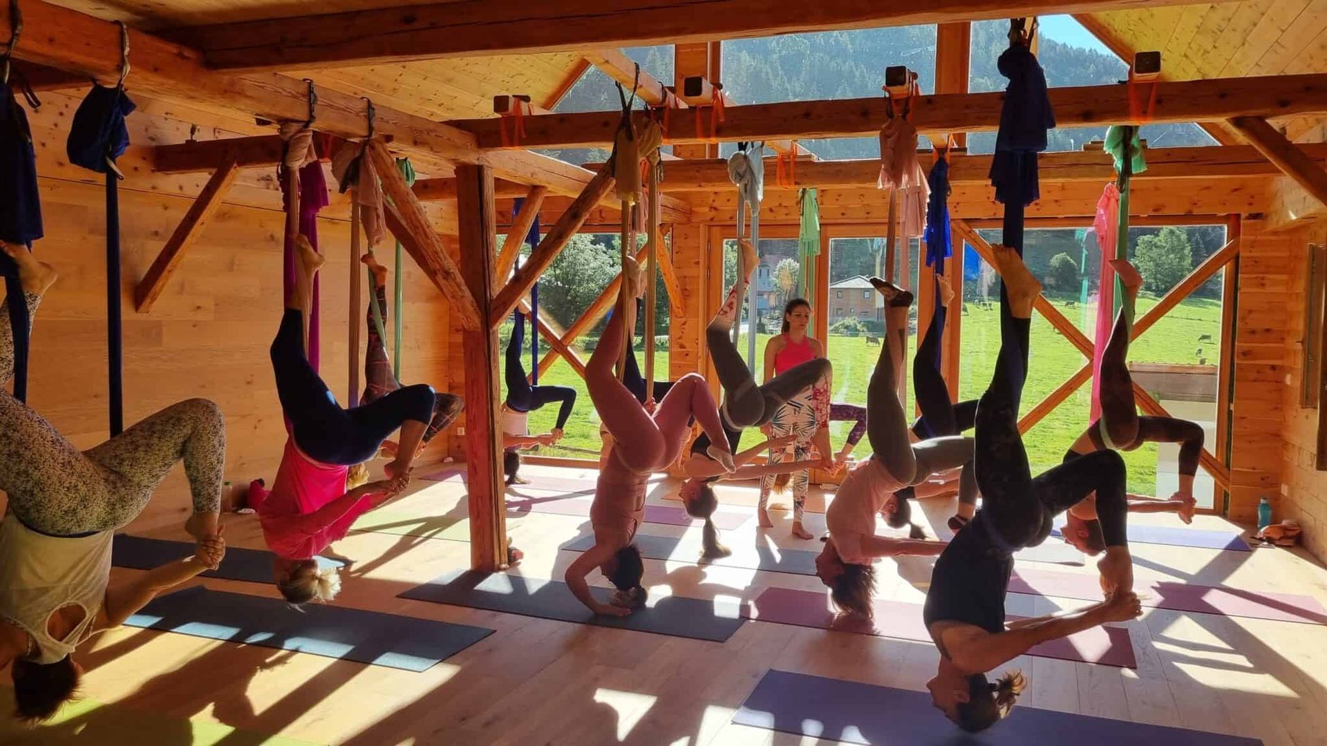 Aerial Yoga Gruppenraum Yogafarm mit Blick in die Natur