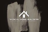 Logo for Radical Home Builders, white house icon, text on a black background with paint strokes.