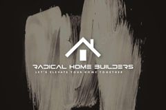 Logo for Radical Home Builders, white house icon, text on a black background with paint strokes.