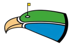 Eagle head with a golf green and flag on its head.