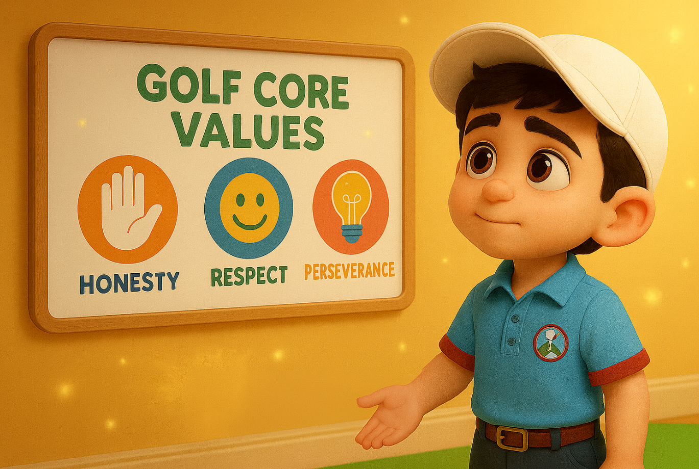 Animated boy presents golf core values: honesty, respect, perseverance. Set in a room with a yellow wall.