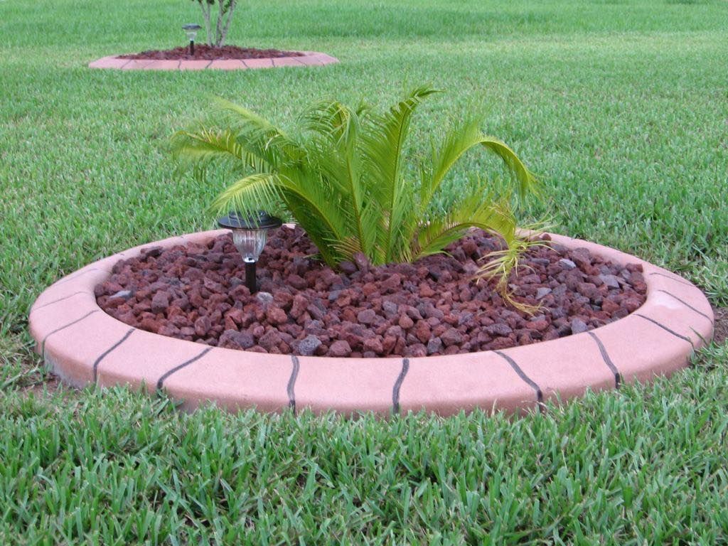A circular planter with a plant in the middle of it